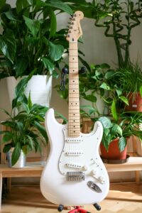 electric guitar next to plants