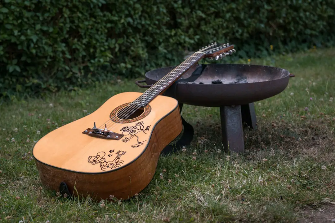 A guitar sitting in the grass next to a fire pit